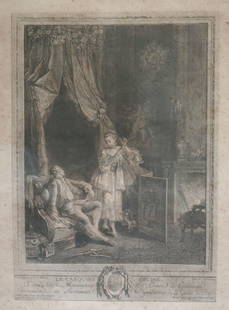 Nicolas Delaunay (French, 1739-1792) Engraving on paper, "Le carquois epuise": Nicolas Delaunay (French, 1739-1792) Engraving on paper, "Le carquois epuise". After Pierre-Antoine Baudouin. Caption: A son Altesse Monseigneur Le Prince de Guemenee Commandans en Survivance les Gend