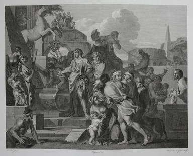 after Sebastien Bourdon 1616-1671 Engraving Augustus Alexander the Great's tomb: after Sebastien Bourdon (1616-1671), a 19th century Engraving on paper, title Augustus (Octavian) visiting Alexander the Great's tomb in Alexandria; Intermediate draftsman Fragonard, engraving by Masq