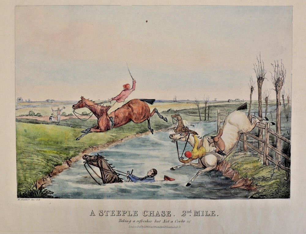 Henry Thomas Alken (English 1785-1851) Hand Colored Etching on wove paper: Henry Thomas Alken (English 1785-1851) Hand Colored Etching on wove paper, A Steeple Chase. 2nd Mile. Unframed. Marked "H. Alken Jun Delt." "Taking a refresher but Not a Cooler !!!". published by Lewi