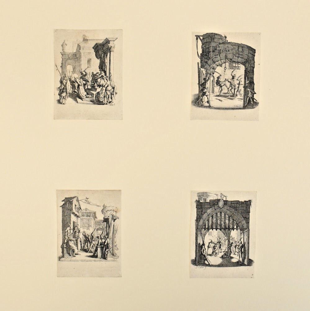 Jacques Callot French 1592-1635 La Petite Passion 4 Etchings: Callot, Jacques (French, 1592-1635) 'La Petite Passion', four small black and white etchings on laid paper. 'Christ before Caiaphas, The Flagellation, Christ Condemned to Death, The Crowning with Thor