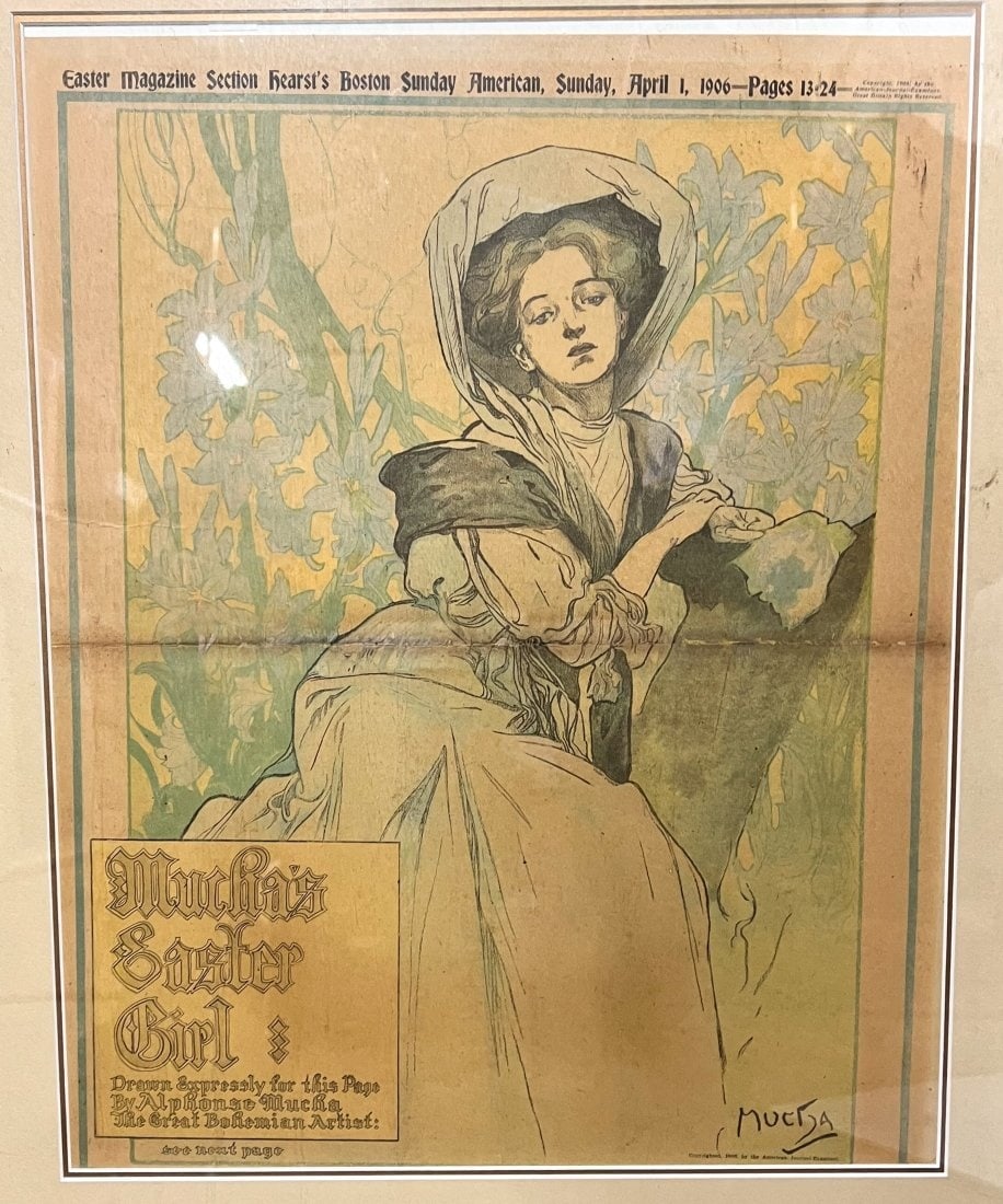 Alphonse Mucha Color Lithograph Print Easter Girl 1906: Alphonse Mucha (1860-1939) Color Lithograph Print Easter Girl. April 1, 1906 Easter Magazine section of Boston Sunday American. 6lbsApprox. Measurements: frame 21.75 x 26.25 inches; sheet 15.25 x 20 i