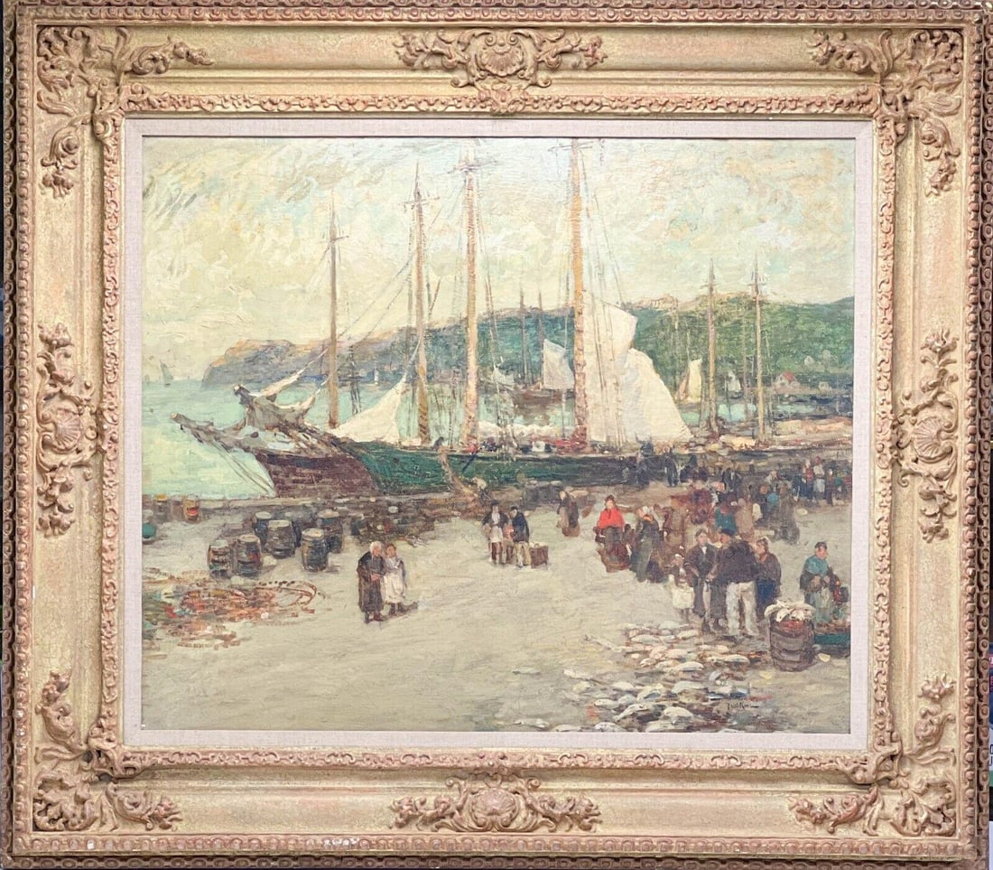 Paul Bernard King Fishing Scene Painting Oil on Canvas Signed Framed: Paul Bernard King (American, 1867-1947) fishing scene oil on canvas. Painted image depicts figures in a scene near fishing boats. Artist signed Paul King to the lower right corner. In an ornate carved