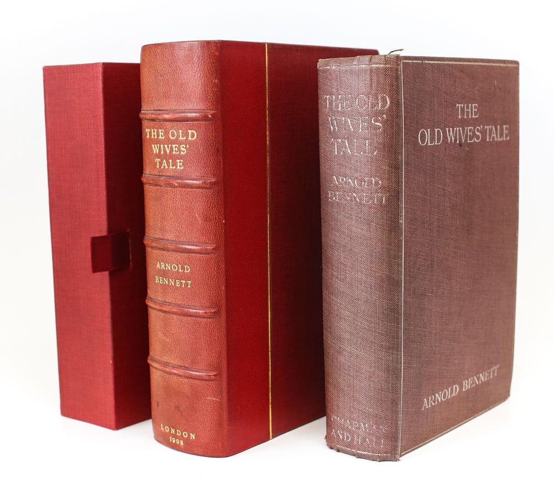 Arnold Bennett 'Old Wives Tale'. Chapman & Hall, London 1908 Presentation copy: Bennett, Arnold 'Old Wives Tale'. Chapman & Hall, London, 1908. Presentation copy, 1st Edition Hardback book w/ wine colored cloth boards. Fitted leather and cloth slipcase with wrap. 578pp. Weight 2 