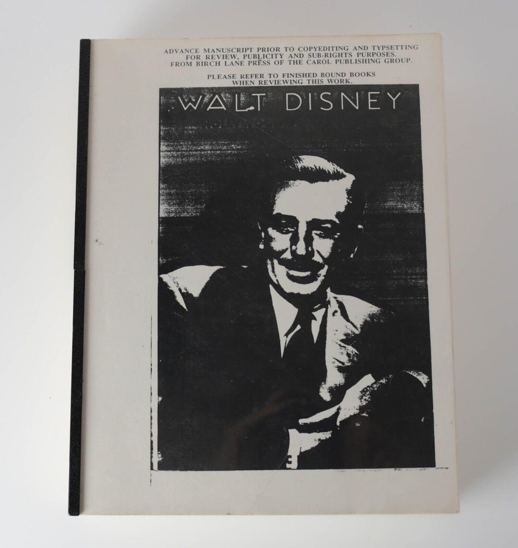 Advance Manuscript Prior Copyediting, Walt Disney, Hollywood's Dark Prince 1993: Advance Manuscript Prior to Copyediting and Typsetting. Marc Eliot Walt Disney, Hollywood's Dark Prince, Birch Lane Press Book, pub month: June 1993. 510pp+. In acetate / plastic binding (partial loss