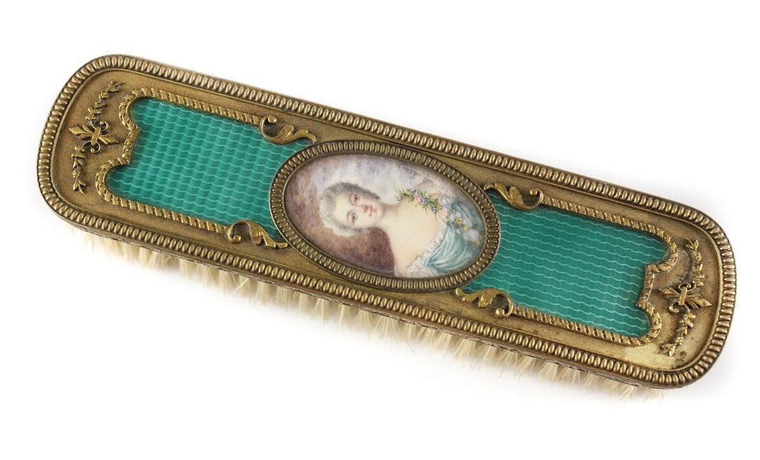French Gilt Bronze Guilloche Enamel Portrait Clothes Brush. C1900. Hand painted: French Gilt Bronze Green Guilloche Enamel Portrait Clothes Brush. C1900. Hand painted portrait, bright green Guilloche enamel. Raised foliate motifs. Marked 'France'. .75lbs Approx. Measurements: 7.5"
