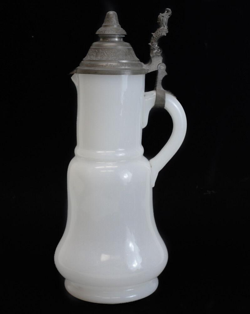 19th Century White Opaline Glass Tankard Stein Pewter Mount, figural thumb rest (1 of 8)