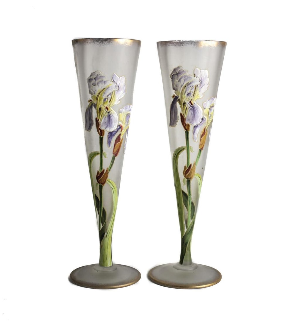 Pair Mont Joye Art Glass Iris Vases trumpet form Hand Painted Enamel early 20th (1 of 6)