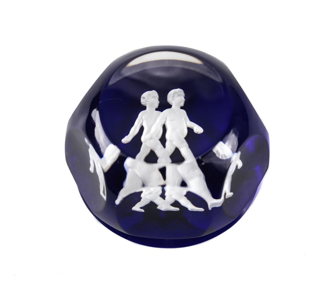 Baccarat Zodiac Cobalt Blue Art Glass Paperweight, Gemini. Cobalt blue white (1 of 4)