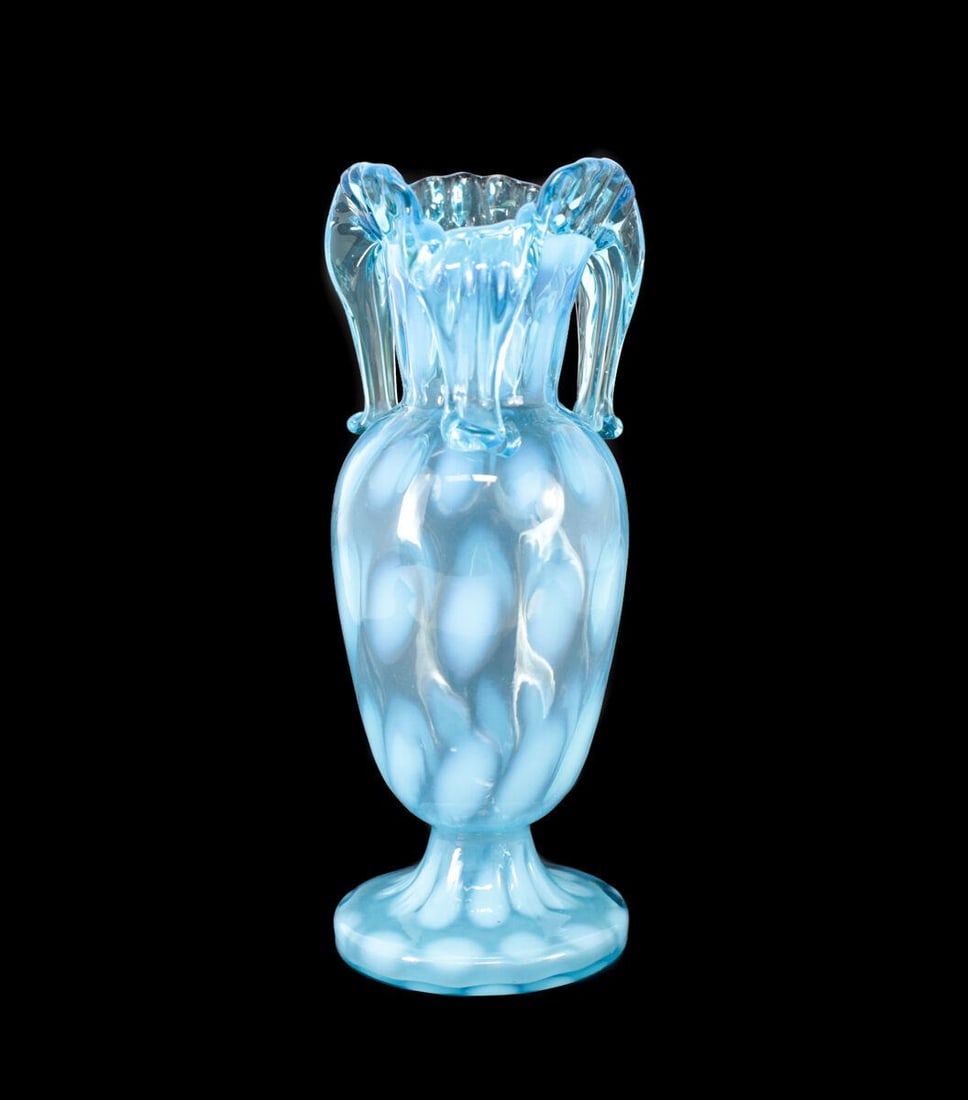 Northwood Opalescent Turquoise Blue Dot Coin Rare Ruffled Three-handle Urn Vase (1 of 4)