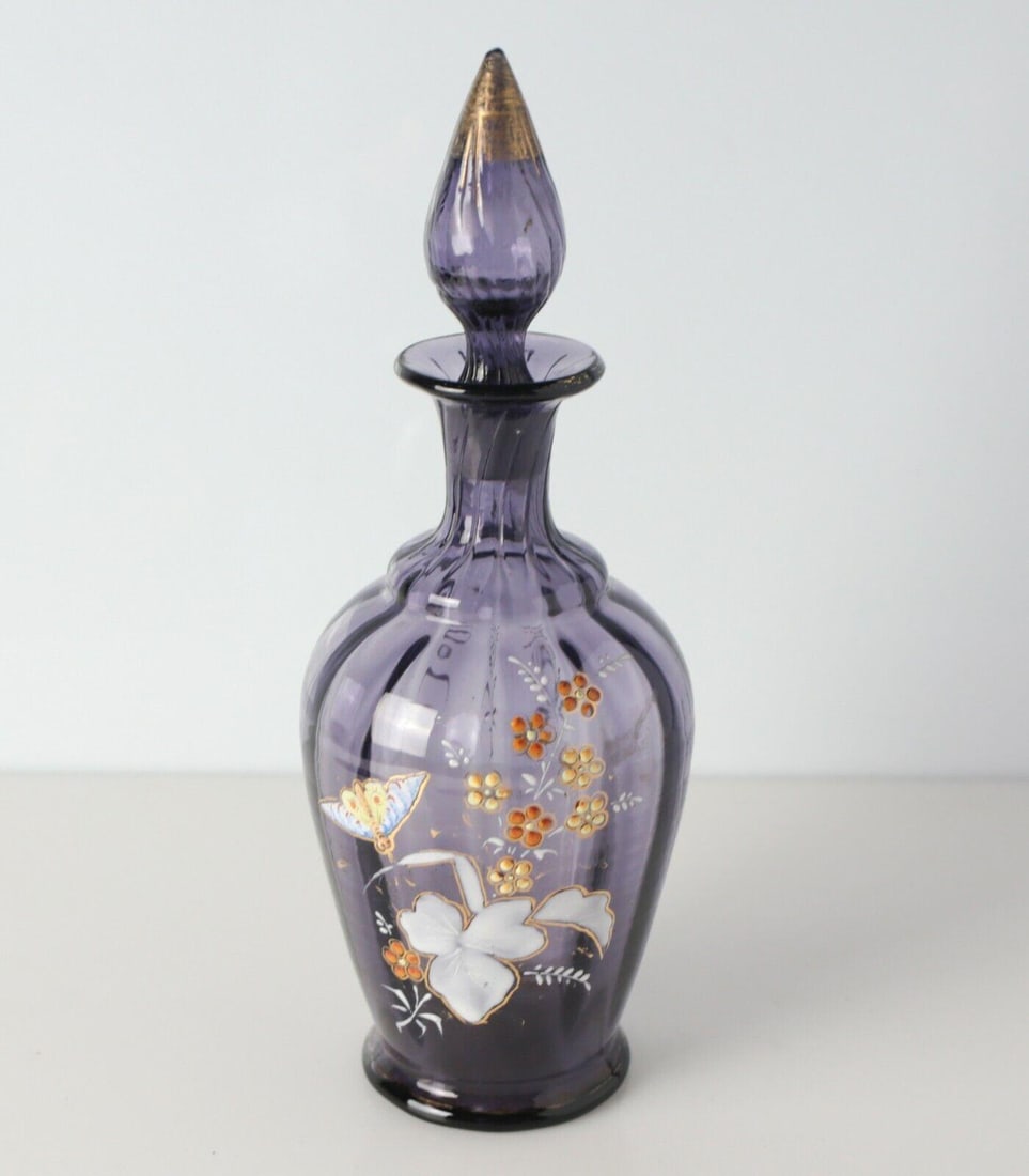 Amethyst Glass Perfume Bottle, hand blown raised hand painted enamel (1 of 7)