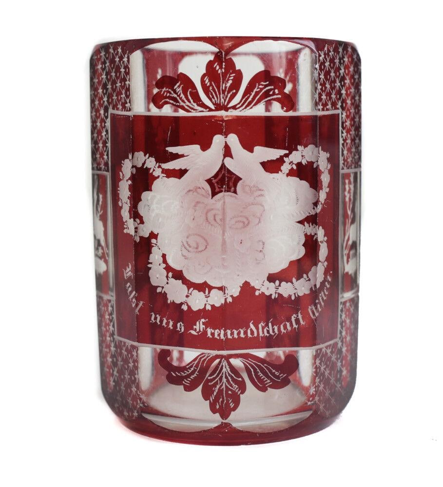 Bohemian German Intaglio Cut Glass Ruby Red to Clear Tumbler 19th century (1 of 6)