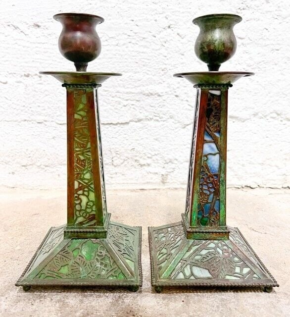 Pair of Riviere Studios Grapevine Slag Glass Bronze Candlesticks c1920: Pair of Riviere Studios Grapevine Slag Glass Bronze Candlesticks. c1920. Apocryphal mark for Tiffany Studios on the bases. Approx 2.2lbs Approx. Measurements: 10 inches height x 4.75 x 4.75 inches Con