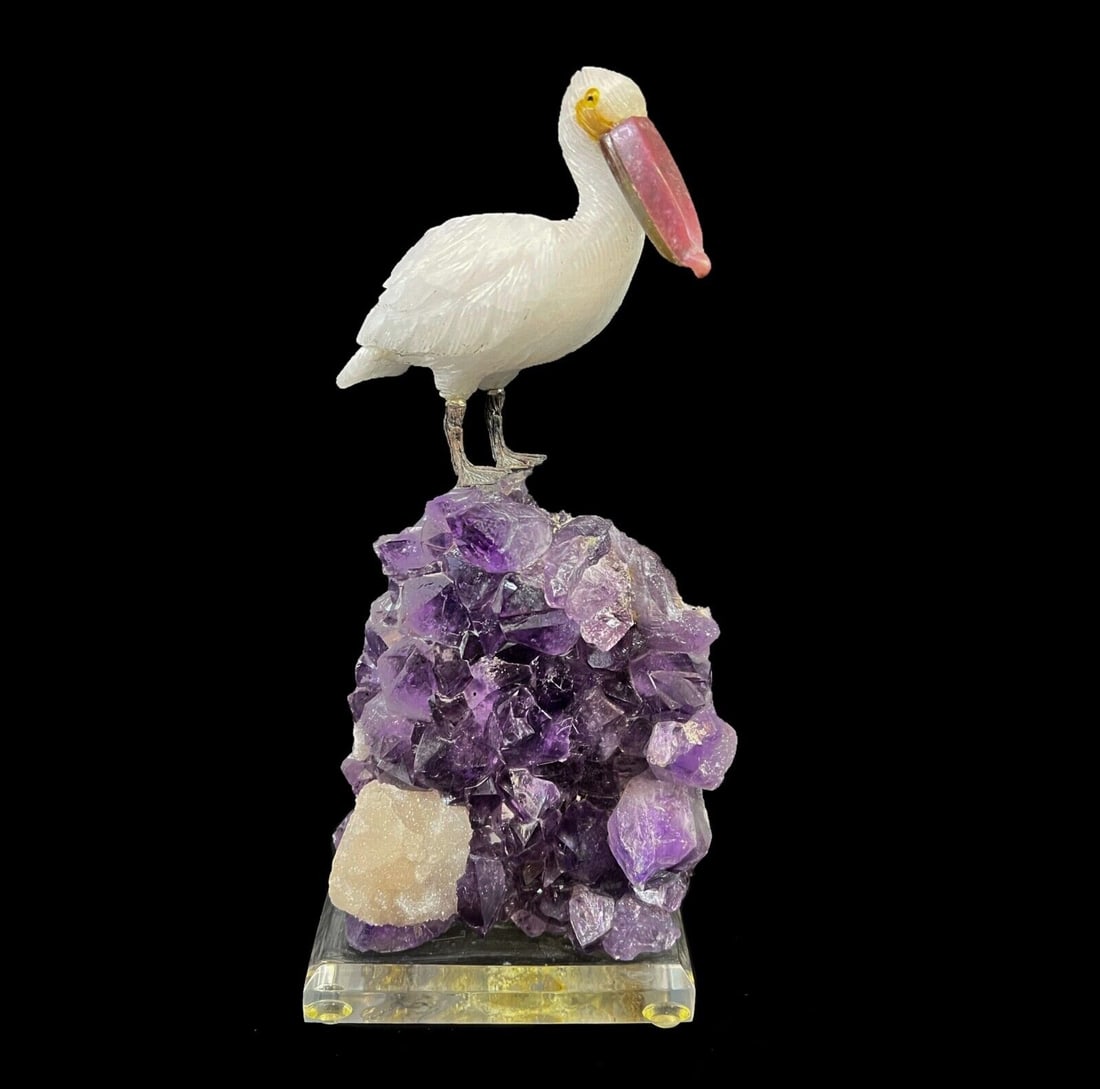 Hand Carved Pelican Natural Gem Stone Peter Muller on Amethyst (1 of 9)