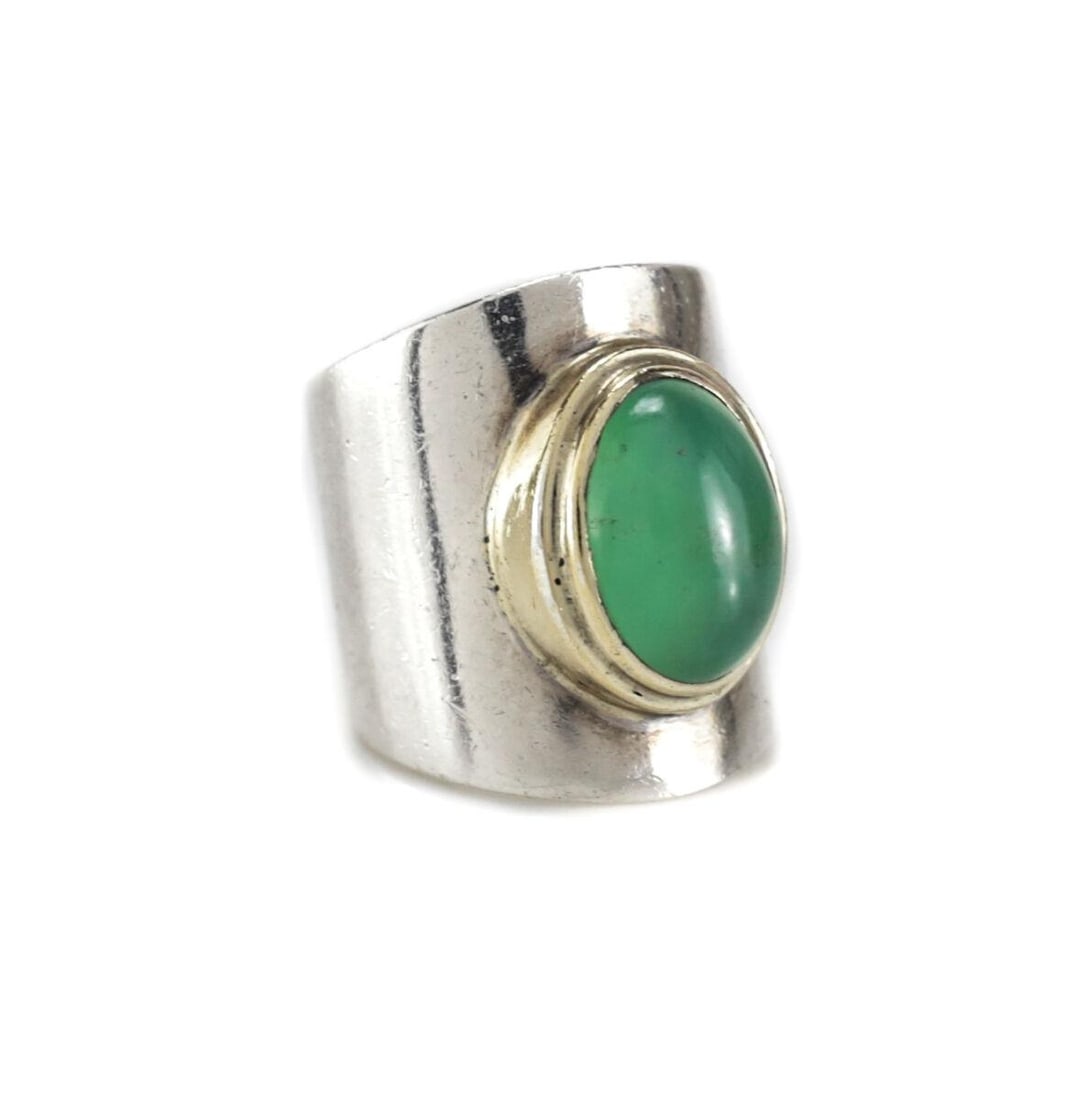 Sterling Silver Green Chalcedony Cabochon Modernist Statement ring size 6.5 (1 of 4)