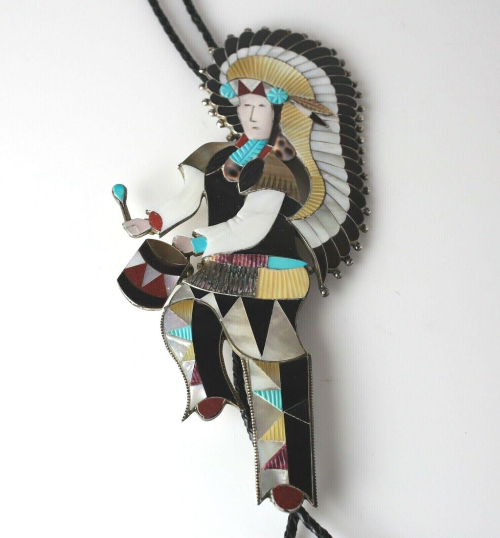 HUGE Jonathan Beyuka Zuni Sterling Silver Shalako Muliti Stone Bolo Tie 9.5in. (1 of 6)