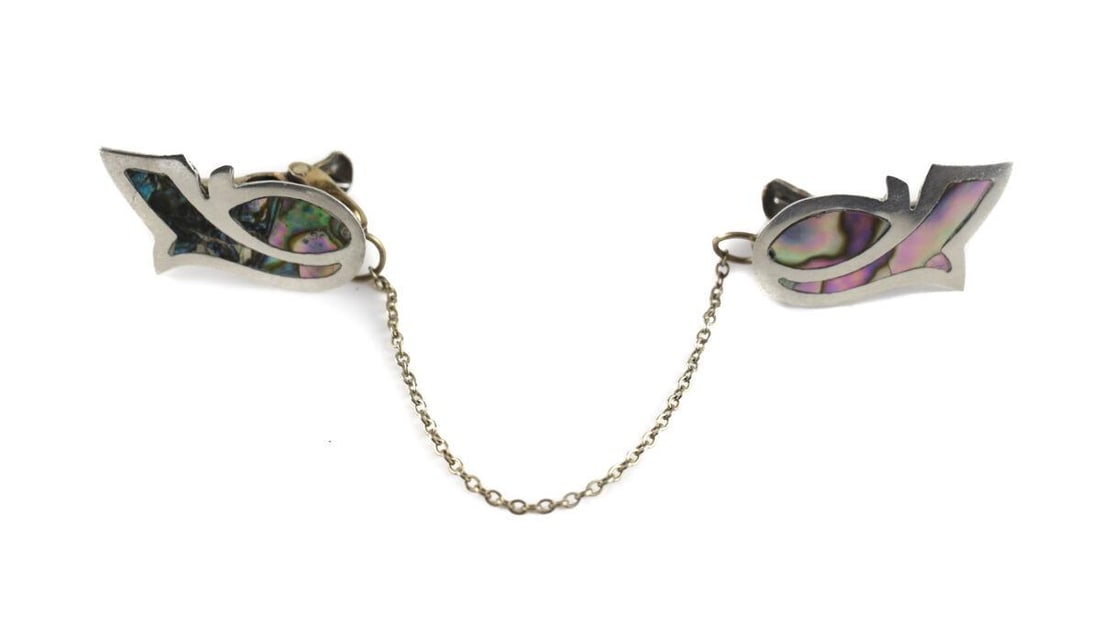 Vintage Taxco Mexico Sterling Silver Mother of Pearl Sweater Clips C1950 (1 of 3)