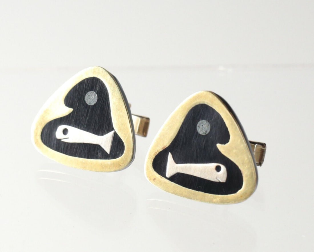 Pair of Mexico Sterling Silver Onyx Modernist Cuff Links Mid Century Modern (1 of 5)