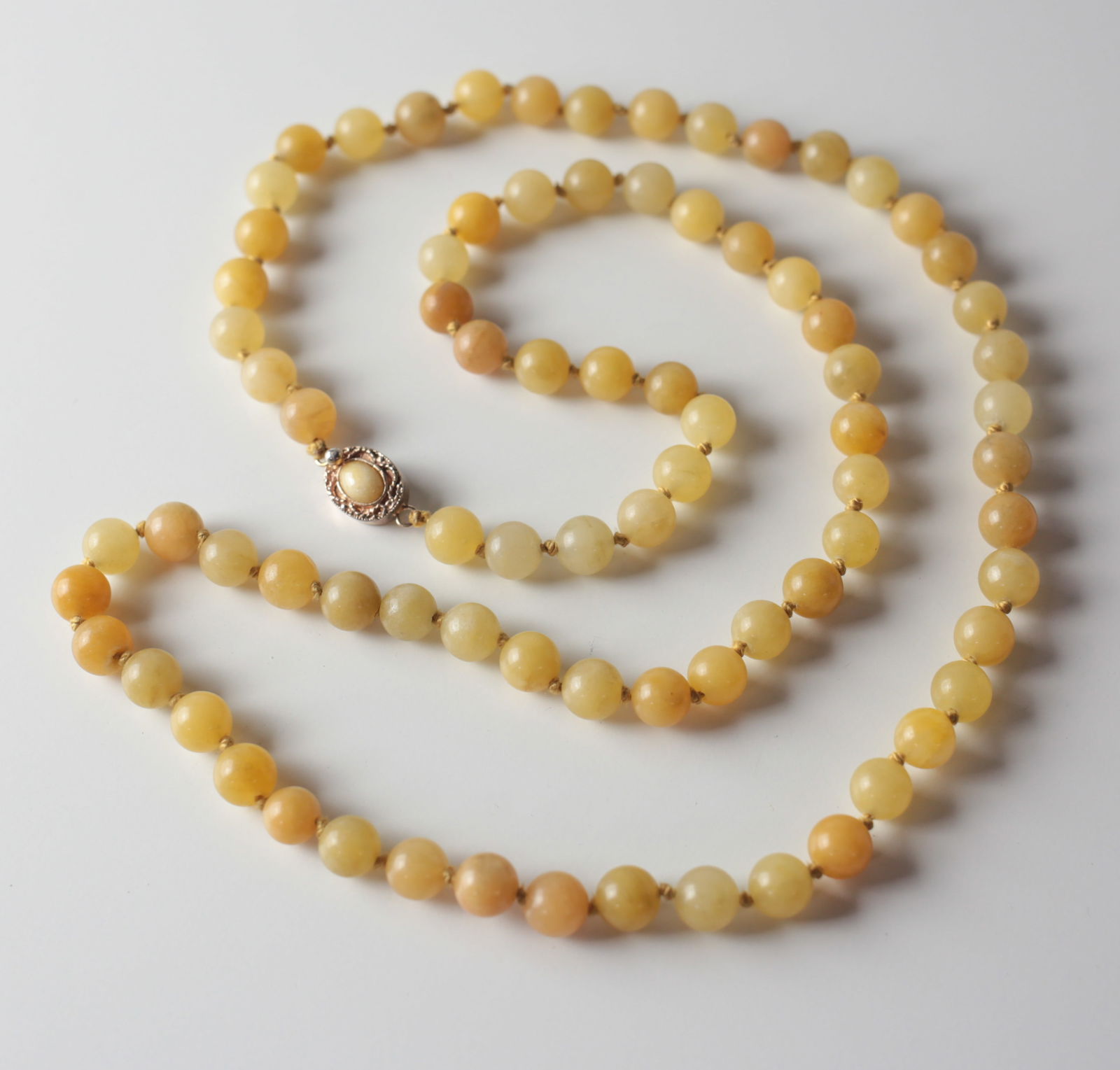 Yellow Jadeite Beaded necklace gilt silver clasp (1 of 2)