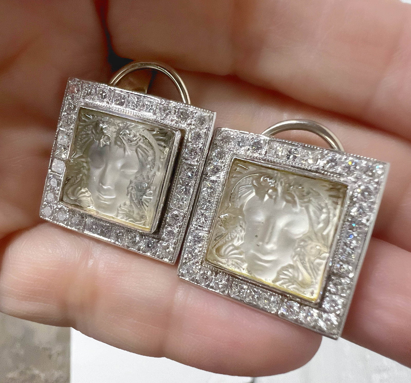 Lalique Arethuse Pierced Earrings 18k White Gold: Lalique Aréthuse Mask Pierced Earrings 18k White Gold, 14k yellow gold backs, total of 64 diamonds round and square, intriquing custom made or ordered piece, unmarked. Measures approx. 23.69grams. 21