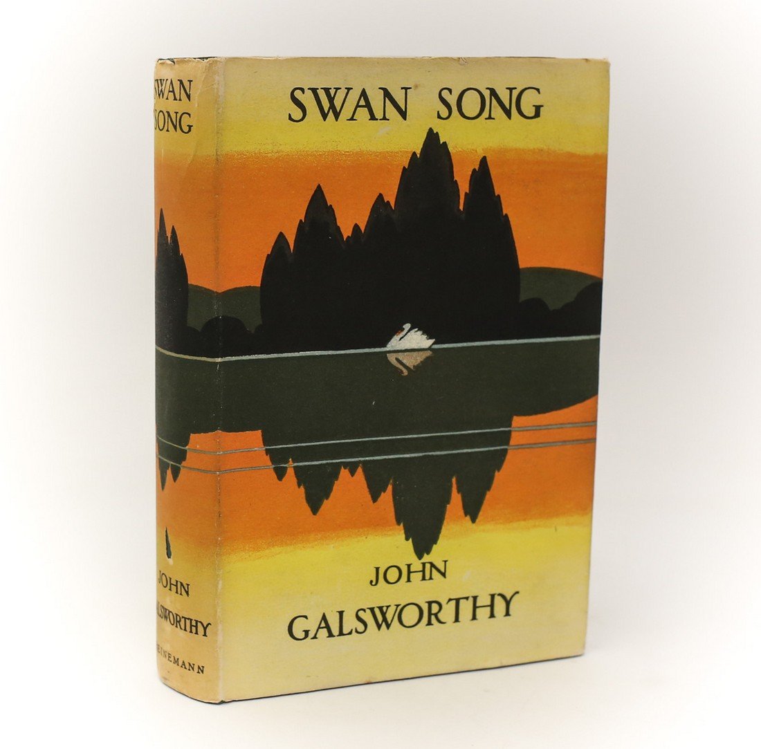 Galsworthy, John 'Swan Song' 1st Edition w/ Dust Jacket: Galsworthy, John 'Swan Song'. William Heinemann, London, 1928. 1st Edition Hardback book w/ dark green cloth boards and gold lettering & monogramm. 347pp. Weight 13oz. 5"x7.5"x1.25" thick