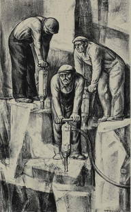 Wolfson, William, Lithograph, 'Rock Drillers' #22/25: Wolfson, William ( American 1894-1966) Black & White Lithograph on Paper titled 'Rock Drillers' signed w. Wolfson & numbered 22/25. (He was born in Pittsburgh, Pennsylvania in 1894, 6 years after his