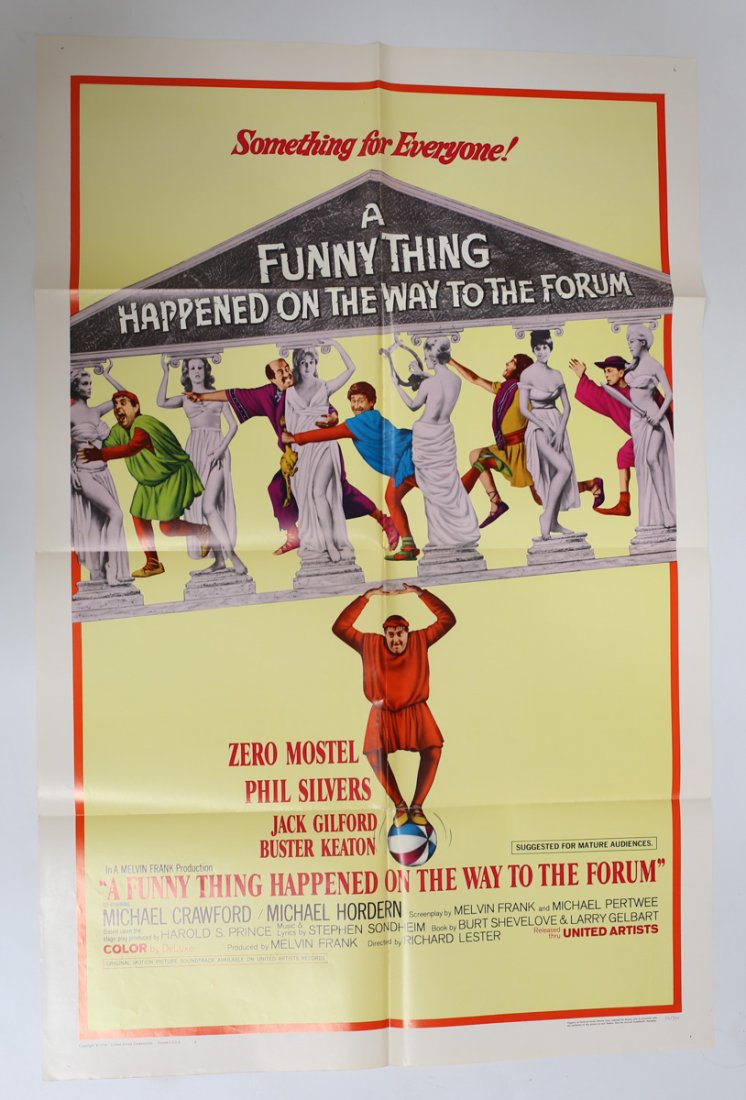 A Funny Thing Happened On The Way To The Forum 1 Sheet: Genuine Theatrical Movie Poster 'A Funny Thing Happened On The Way To The Forum.' (1966) Folded 1 Sheet, Starring Zero Mostel, Phil Silvers, Jack Gilford, Buster Keaton, Michael Crawford. Copyright 19