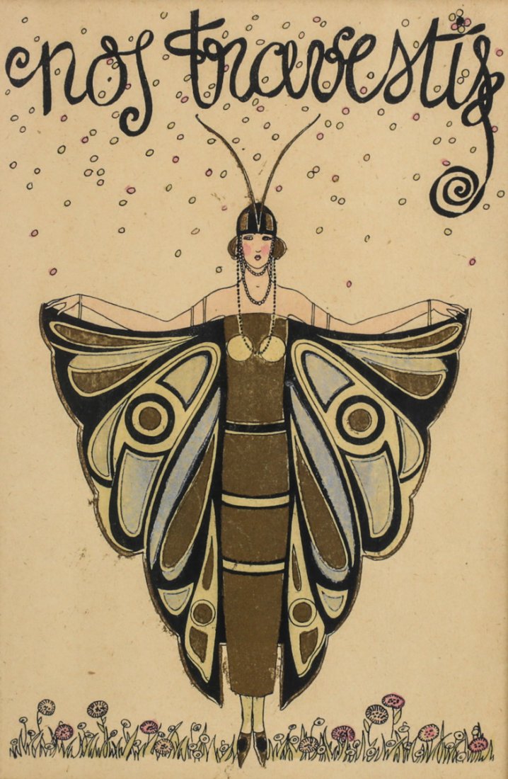 Art Deco Pochoir stencil hand colored Nos Travestis (1 of 2)