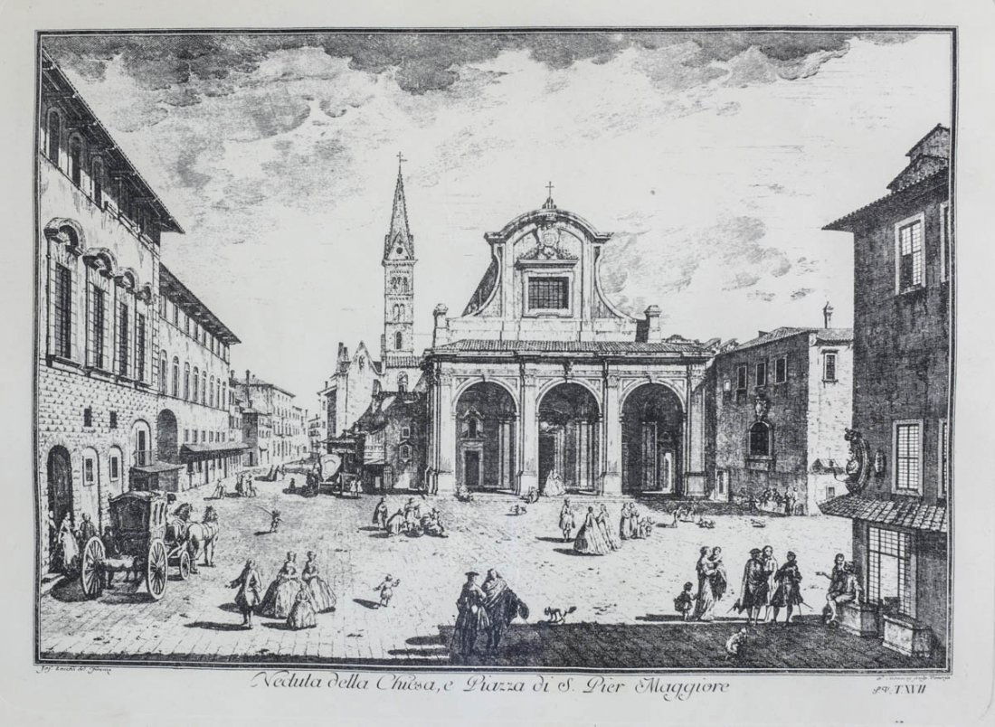 Zocchi, Giuseppe Etching del Firenze Veduta della: Zocchi, Giuseppe (Italian c.â€‰1711â€“1767) Etching on paper, del Firenze Veduta della Chiesa, e Piazza di S. Pier Maggiore, Italian painter and printmaker, active in Florence, and best know