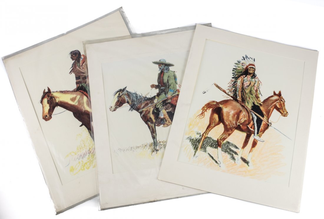 Remington, Frederic Set of Three Chomolithographs: Remington, Frederic Set of Three Chromolithographs, Penn Prints, NY, Remington Memorial Museum, 1956. Comprises: A Sioux Chief, A Trapper, A Breed 1901. Signed in plate. In mat paper. Sheet 14" x 18"