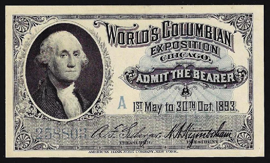1893 World's Columbian Exposition Ticket: One 1893 World's Columbian Exposition Ticket.