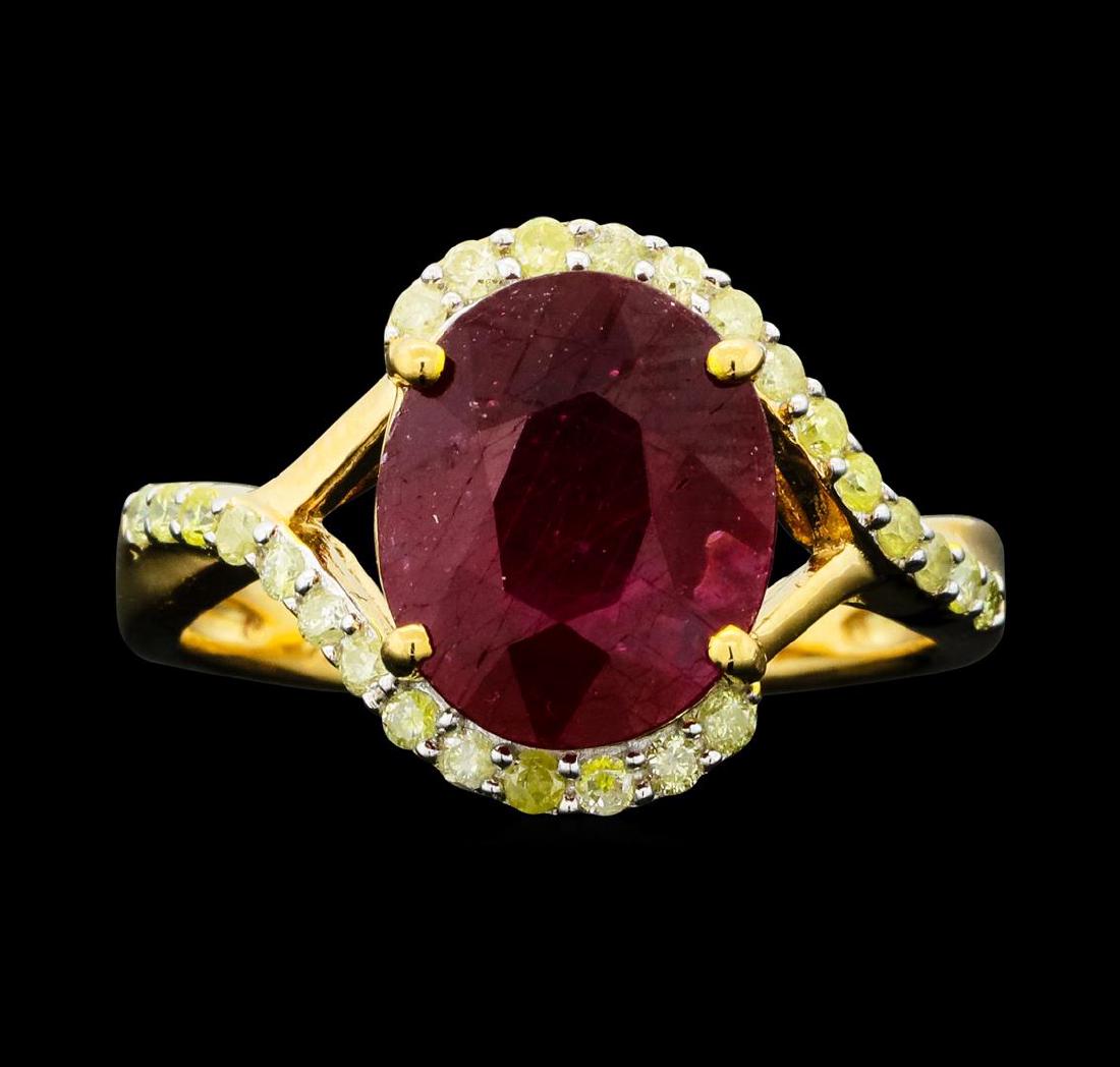 SILVER 3.94ct Ruby and Diamond Ring: One-half millimeter wide band. Bright polish finish with a yellow gold overlay. Trademark is Orianne. Identified with markings of "925". Condition is new, good workmanship. Containing: One prong set o