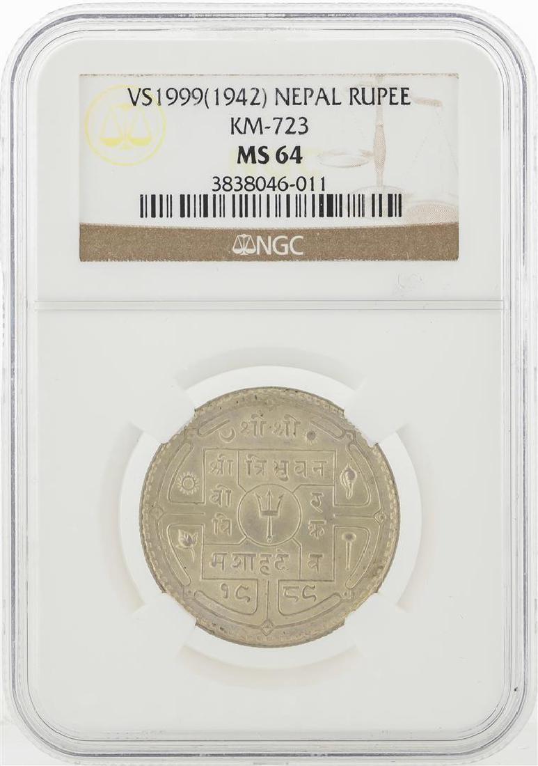 1942 Nepal Silver Rupee Coin NGC MS64: One 1942 Nepal Silver Rupee Coin NGC MS64. NGC Certified.