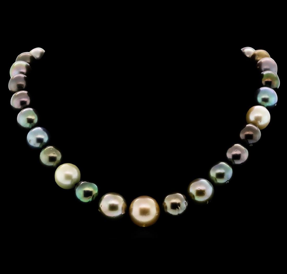 SILVER 12mm Tahitian Pearl Necklace: One graduated single strand pearl necklace 18.0" princess length, knotted with a 925 silver 12mm ball clasp containing 31 Tahitian pearls, 12.0mm in size to 16.0mm in size. The pearls are multi-color 