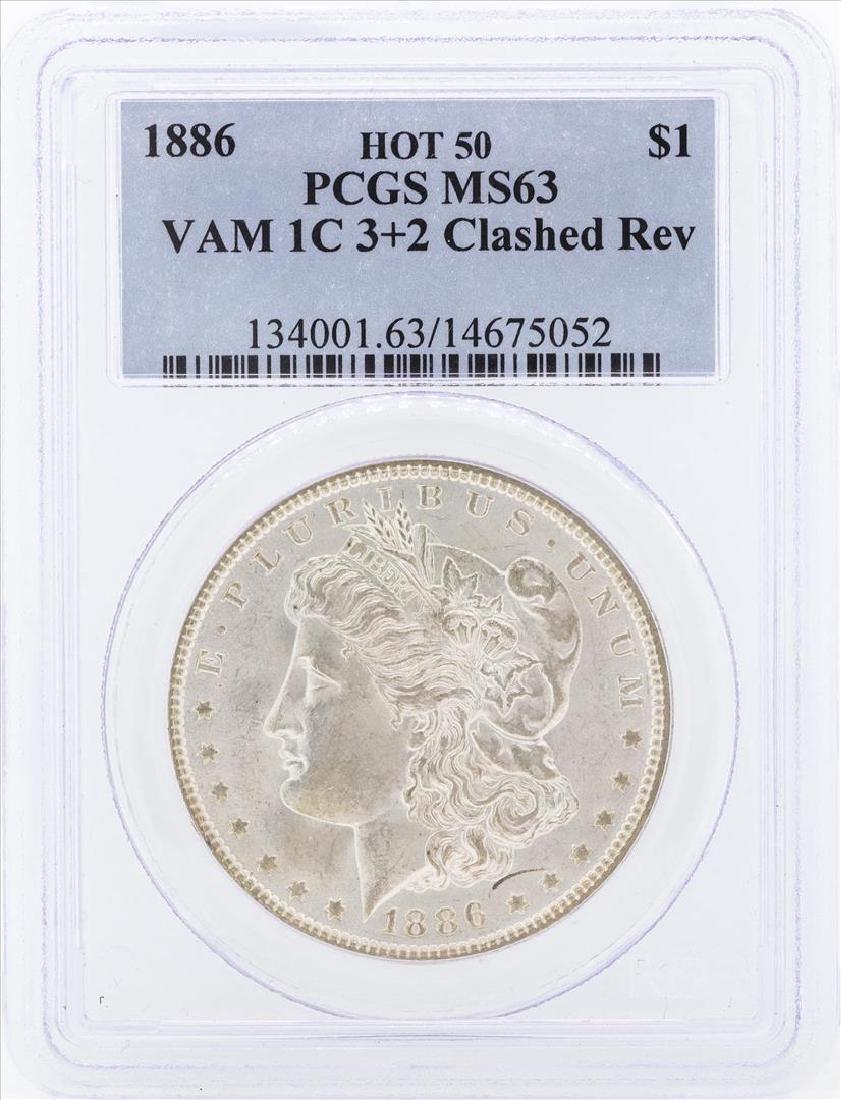 1886 $1 Morgan Silver Dollar Coin VAM 1-C 3+2 Clashed: One 1886 $1 Morgan Silver Dollar Coin VAM 1-C 3+2 Clashed Reverse PCGS MS63. PCGS Graded.