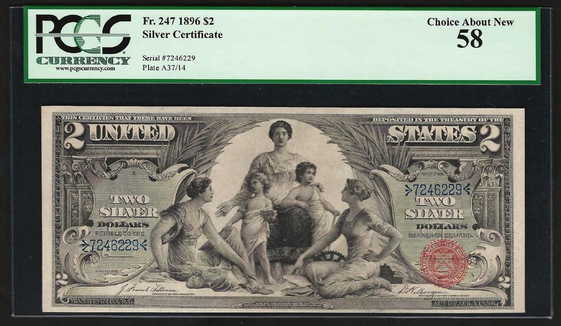 1896 $2 Educational Silver Certificate Note PCGS Choice: One 1896 $2 Educational Silver Certificate Note PCGS Choice About New 58. PCGS Graded.
