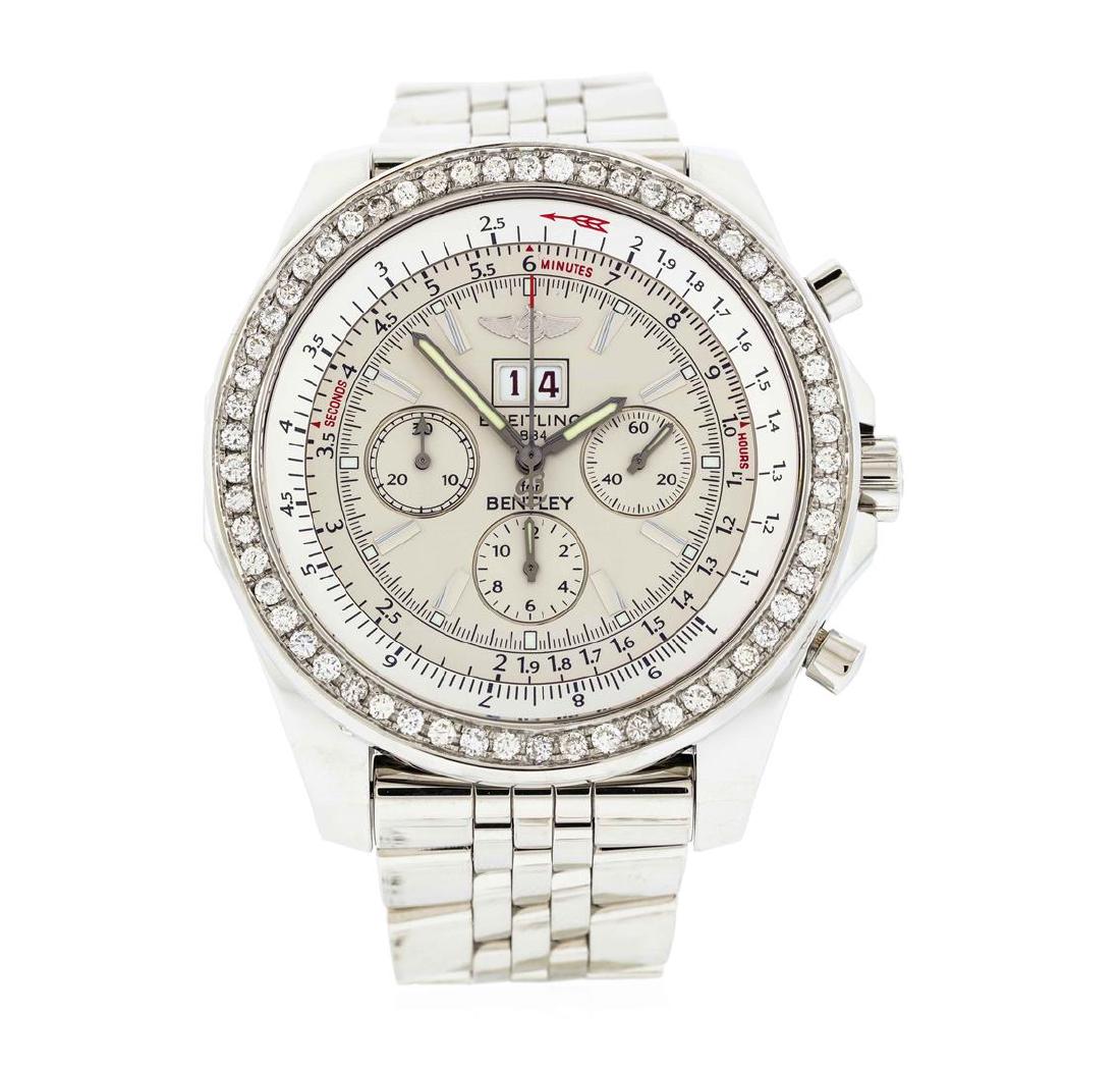 Breitling Bentley Stainless Steel 2.20ctw Diamond: One Breitling Bentley Stainless Steel and Diamond Wristwatch. 58 diamonds with a total weight of 2.20cts with a color of (F-G) and clarity of VS2-SI1). 49mm case. Chronograph functions include hours, 