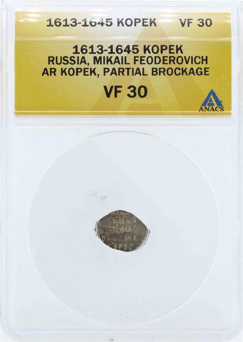1613-1645 Russia AR Kopek Coin ANACS VF30: One 1613-1645 Russia AR Kopek Coin ANACS VF30. ANACS Certified.