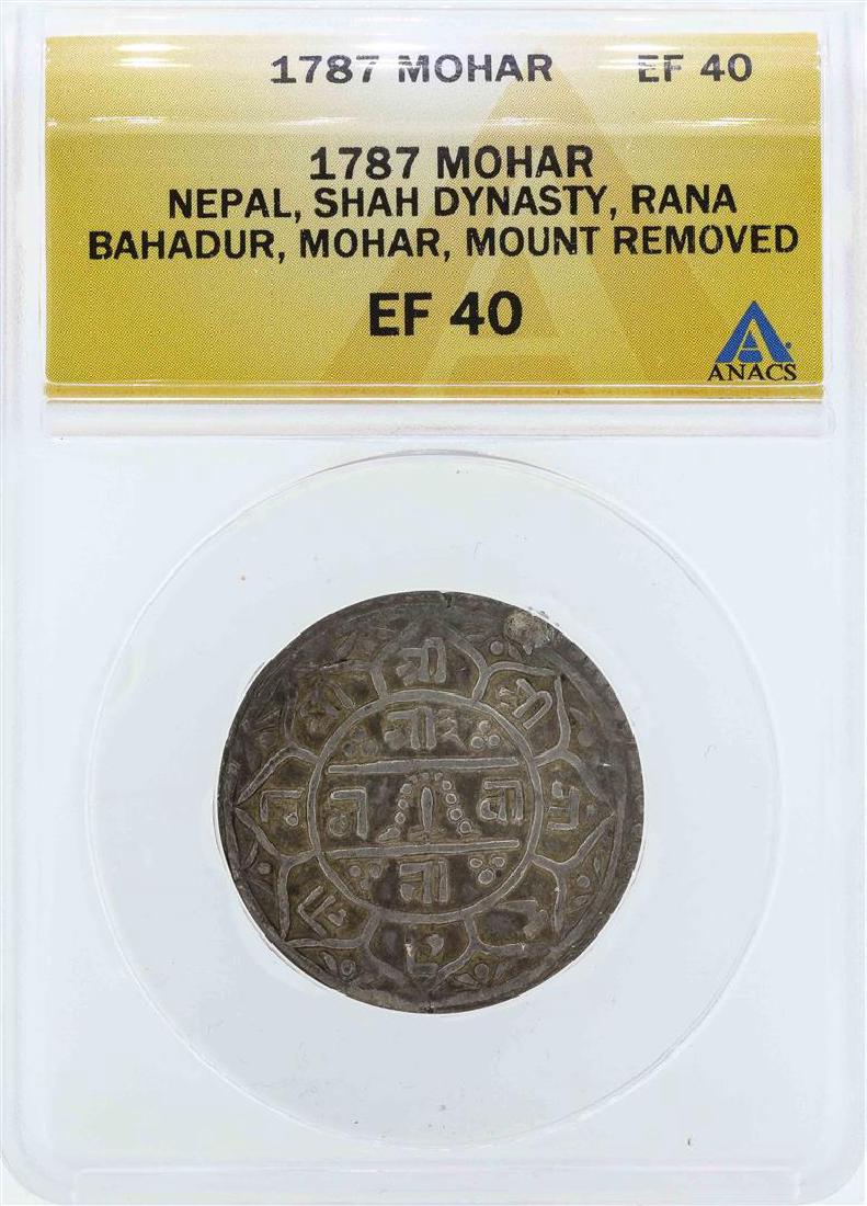 1787 Nepal Shah Dynasty Mohar Coin ANACS EF40: One 1787 Nepal Shah Dynasty Mohar Coin ANACS EF40. ANACS Certified.