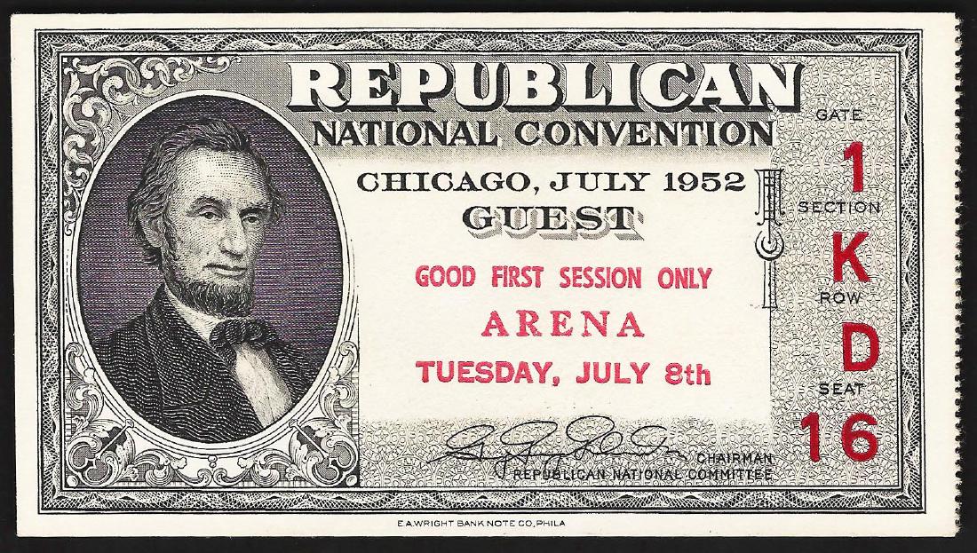 July 8th 1952 Republican National Convention Ticket: One July 8th 1952 Republican National Convention Ticket.