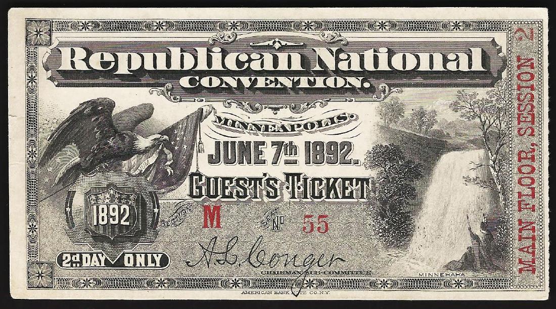 June 7th 1892 Republican National Convention: One June 7th 1892 Republican National Convention Minneapolis Ticket.
