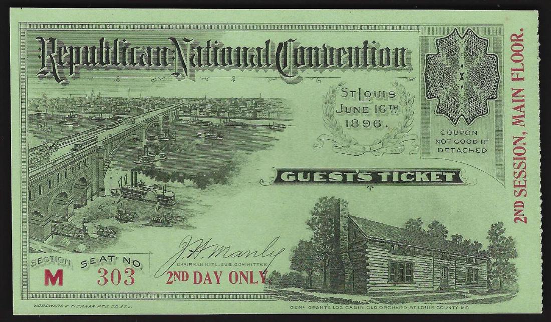 June 16th 1896 Republican National Convention St. Louis: One June 16th 1896 Republican National Convention St. Louis Ticket.