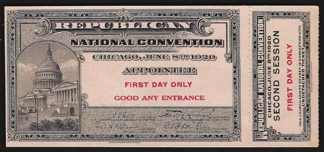 June 8th 1920 Republican National Convention Chicago: One June 8th 1920 Republican National Convention Chicago Ticket.