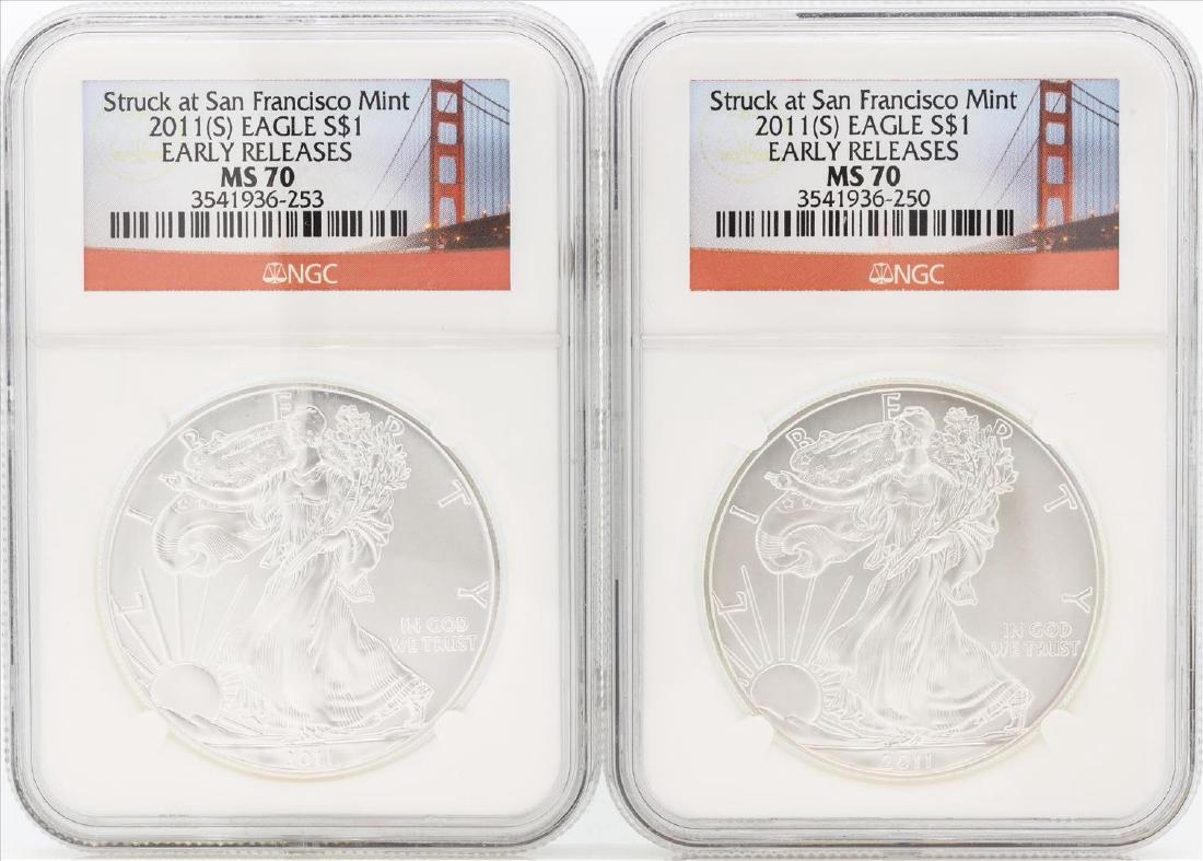 Lot of (2) 2011-S $1 American Silver Eagle Coins NGC: One Lot of (2) 2011-S $1 American Silver Eagle Coins NGC MS70 Early Releases. NGC Certified.