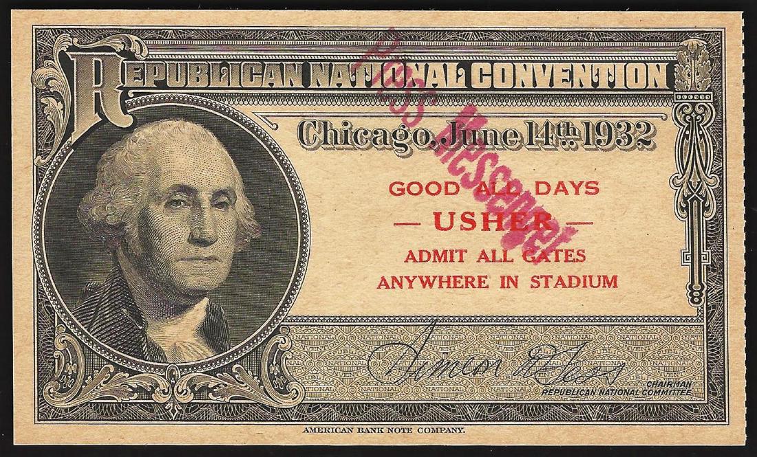June 14th 1932 Republican National Convention Chicago: One June 14th 1932 Republican National Convention Chicago Ticket.