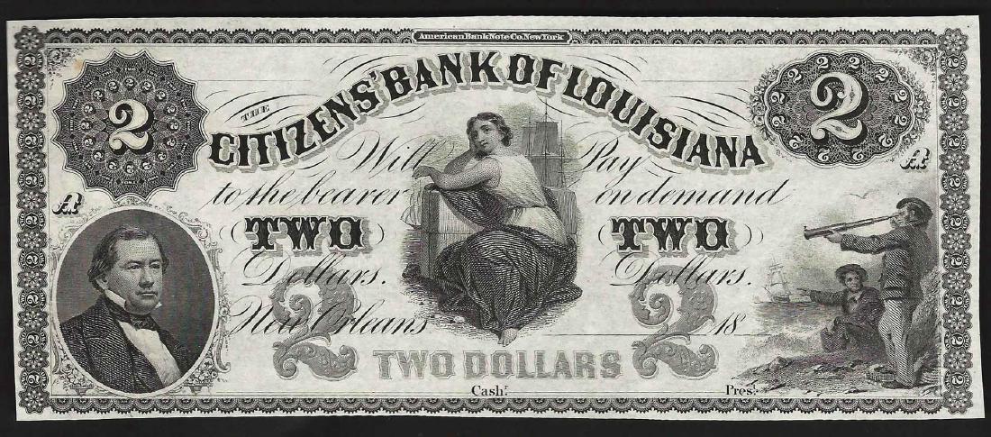 1800's $2 The Citizens Bank of Louisiana Obsolete Note: One 1800's $2 The Citizens Bank of Louisiana Obsolete Note.