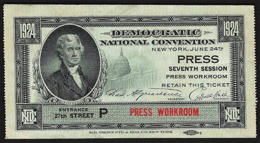 June 24th 1924 Democratic National Convention New York: One June 24th 1924 Democratic National Convention New York Ticket.