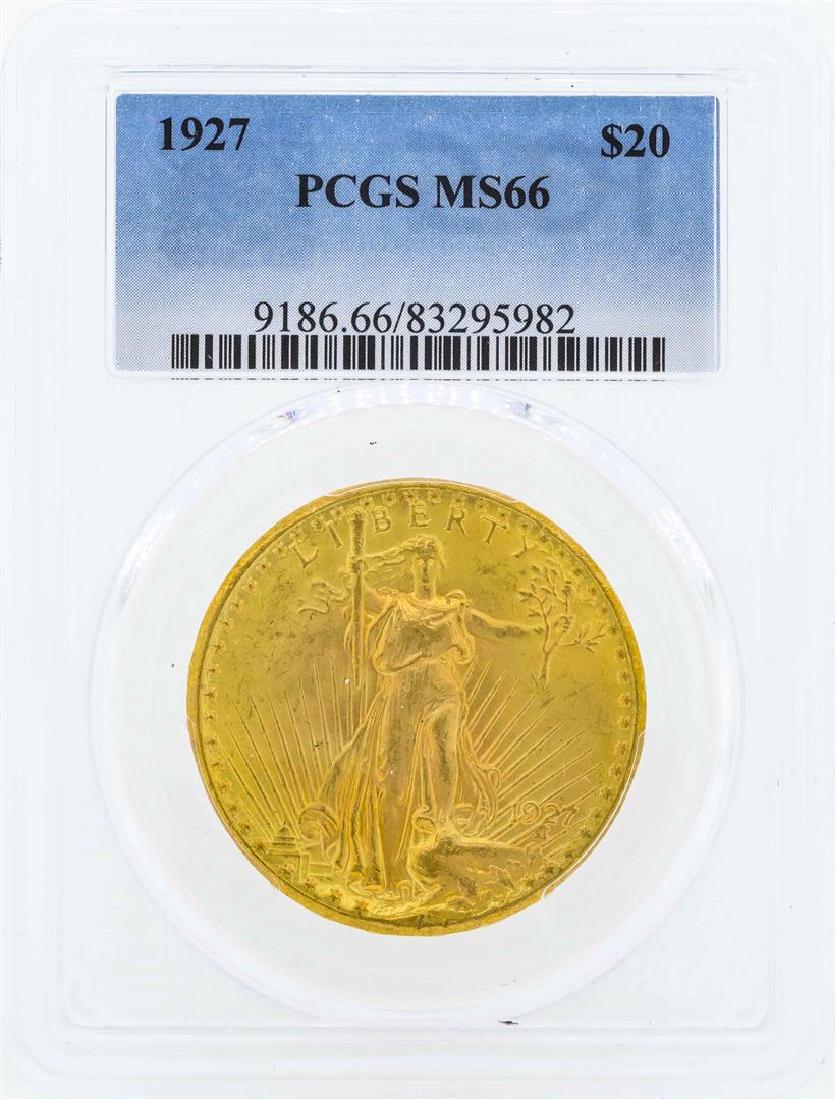 1927 $20 St. Gaudens Double Eagle Gold Coin PCGS MS66: One 1927 $20 St. Gaudens Double Eagle Gold Coin PCGS MS66. PCGS Graded.