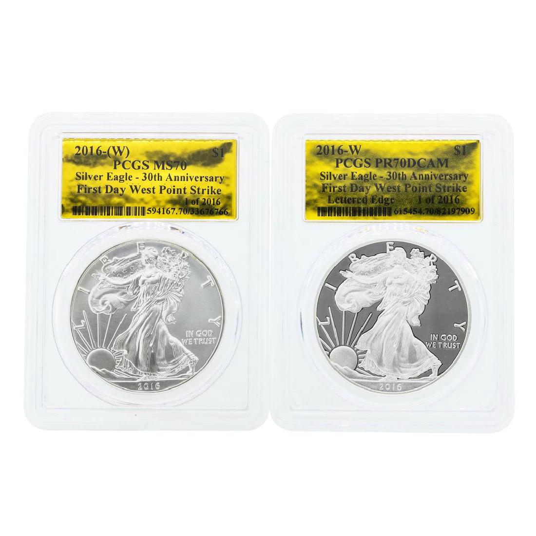Lot of (2) 2016-W $1 American Silver Eagle Coins PCGS: One Lot of (2) 2016-W $1 American Silver Eagle Coins PCGS MS70 & PR70DCAM. PCGS Graded.
