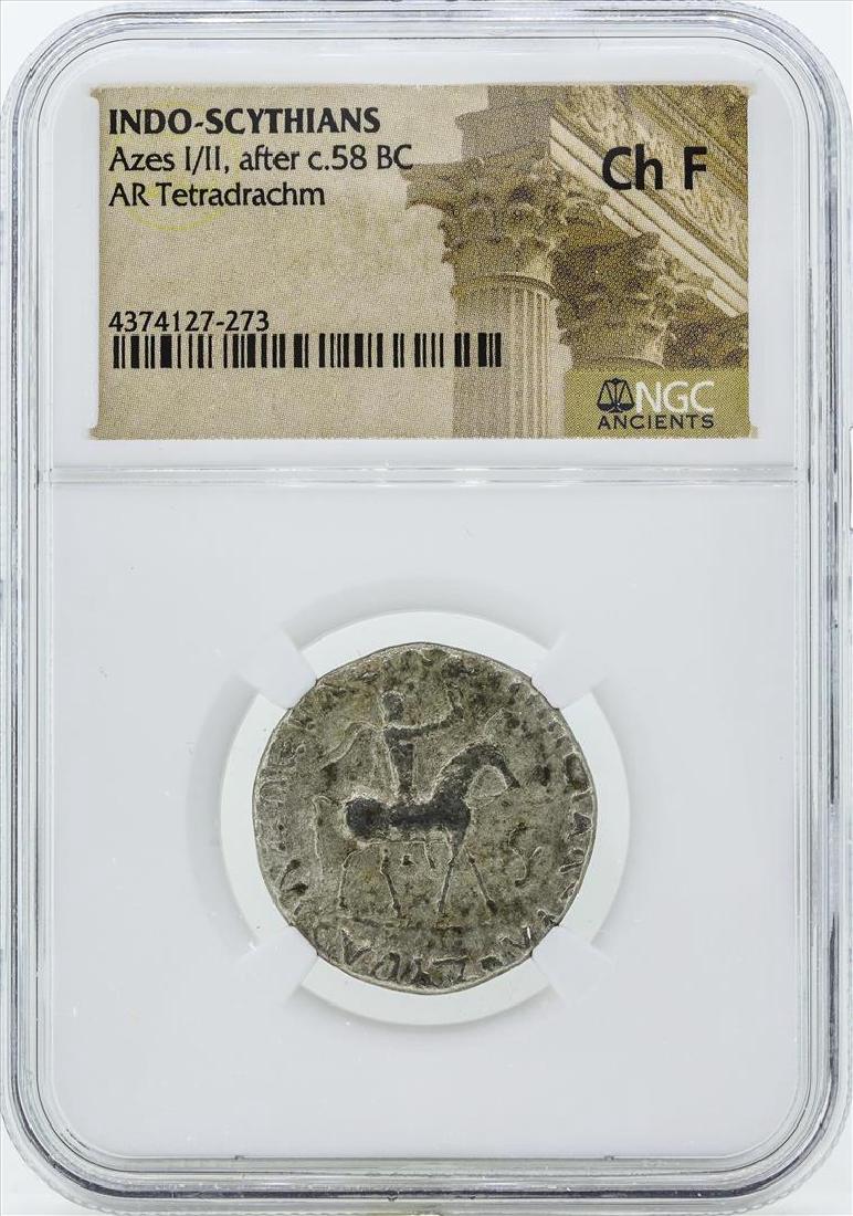 58 BC Indo Scythians Azes I/II AR Tetradrachm Coin NGC: One 58 BC Indo Scythians Azes I/II AR Tetradrachm Coin NGC Ch F. NGC Certified.