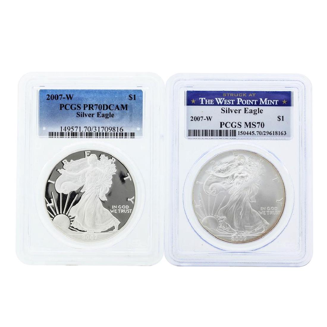 Lot of (2) 2007-W $1 American Silver Eagle Coins PCGS: One Lot of (2) 2007-W $1 American Silver Eagle Coins PCGS MS70 & PR70DCAM. PCGS Graded.
